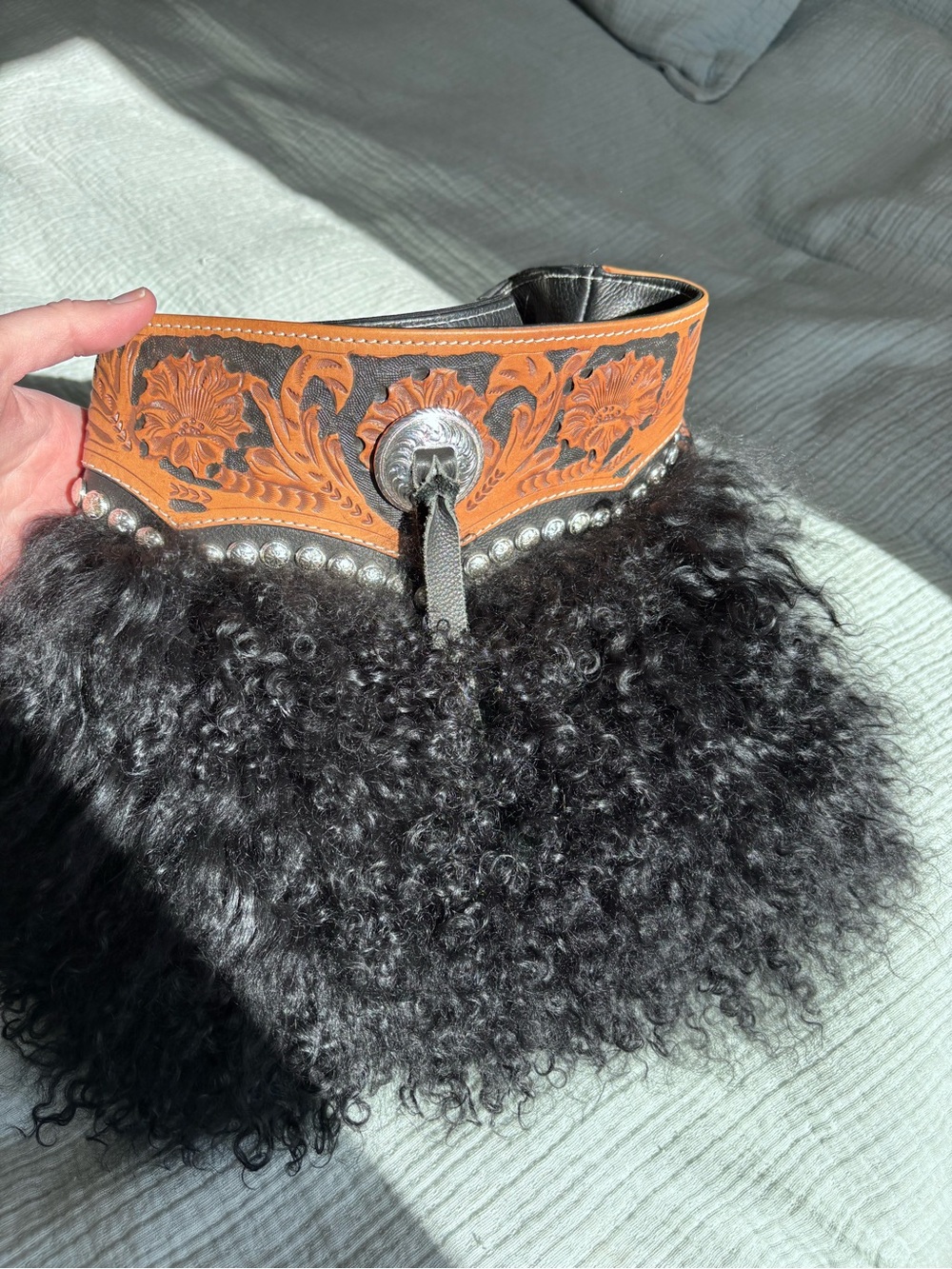 Montana Silversmilths Tooled Leather and Black Curly Shearling